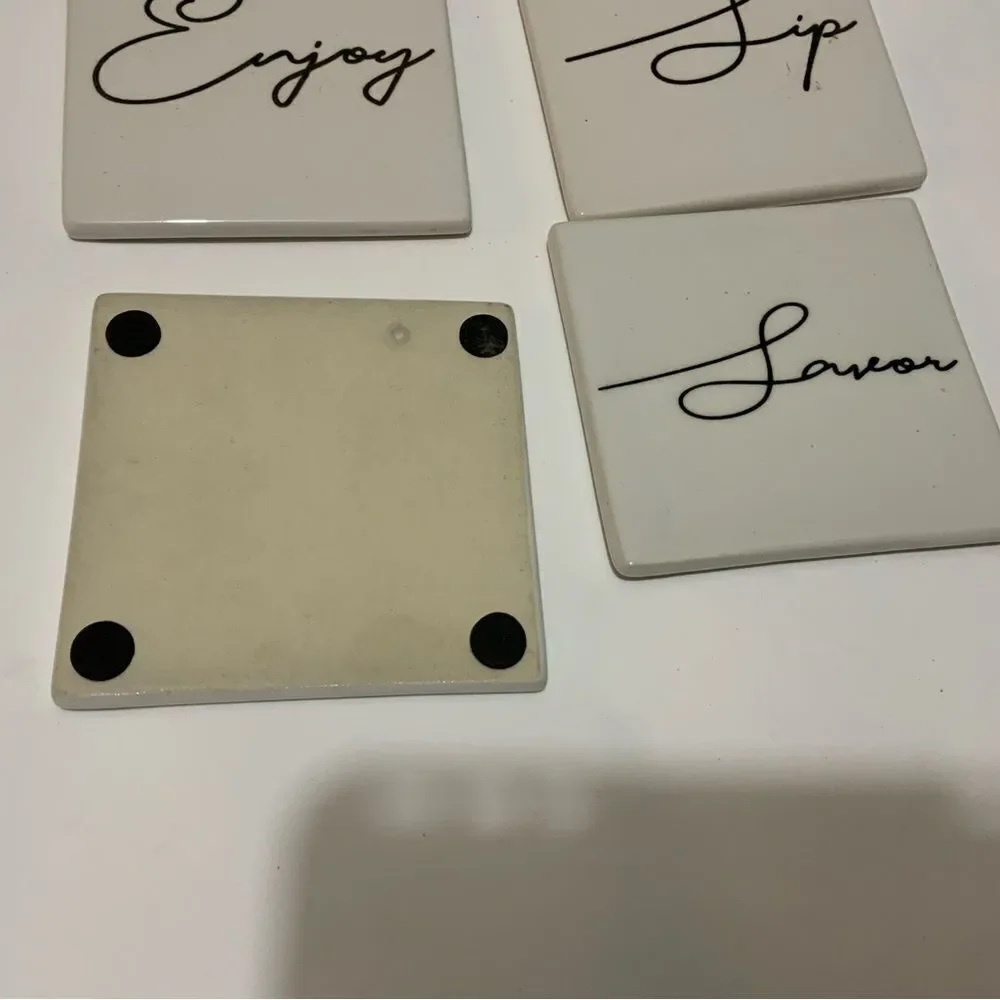 CERAMIC DRINK COASTER SET OF 4 CHEERS SIP SAVOR ENJOY SQUARE 4”x4” A4